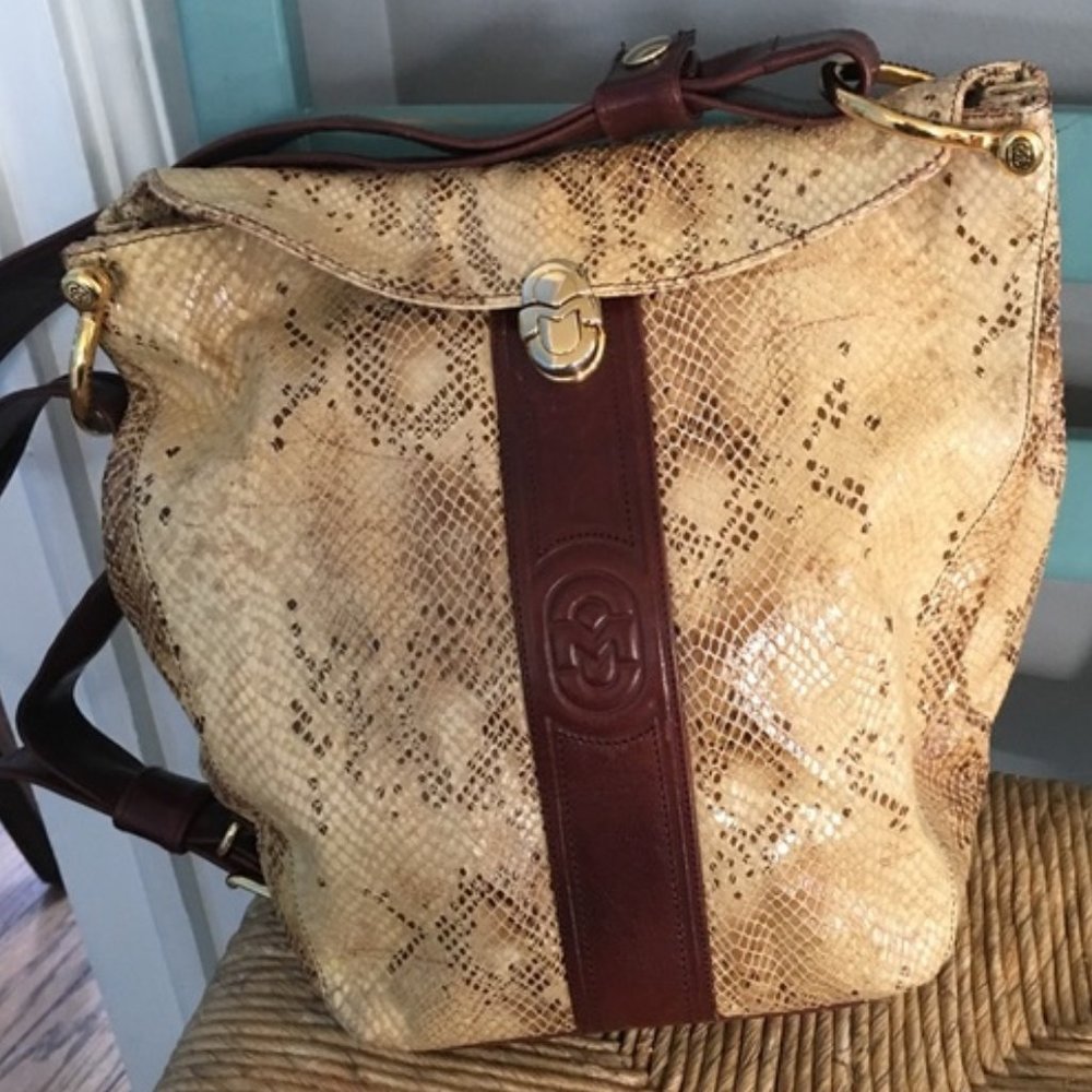 Marino Orlandi Beige Snakeskin-Effect Leather Shoulder Bag with Brown Trim